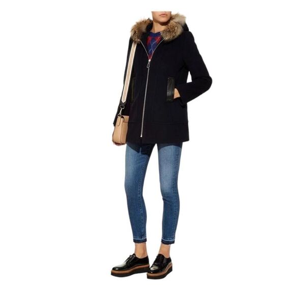 Sandro Jovan Fur-Trim Hooded Coat Women’s Navy Blue Size 38 - Picture 1 of 14